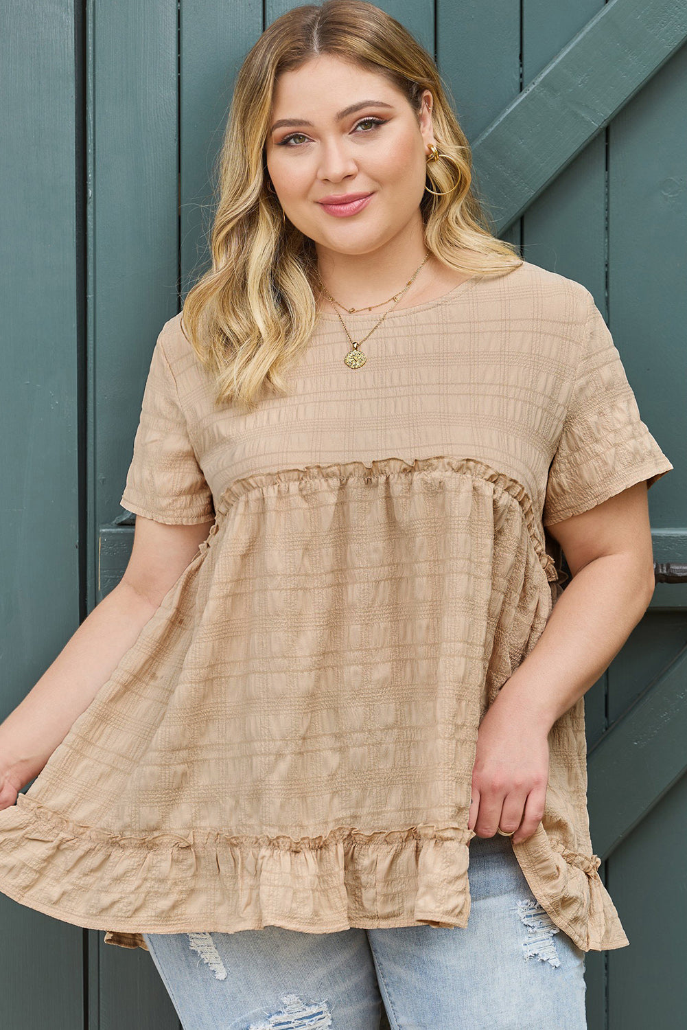 Plus Size Crinkle Textured Ruffle Trim Babydoll Top