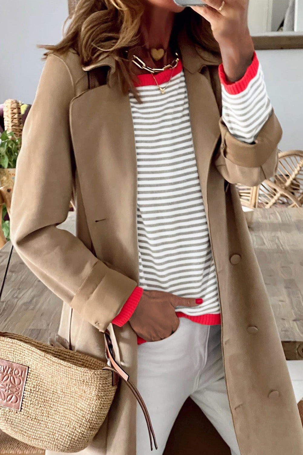 Contrast Trimmed Striped Drop Shoulder Sweater