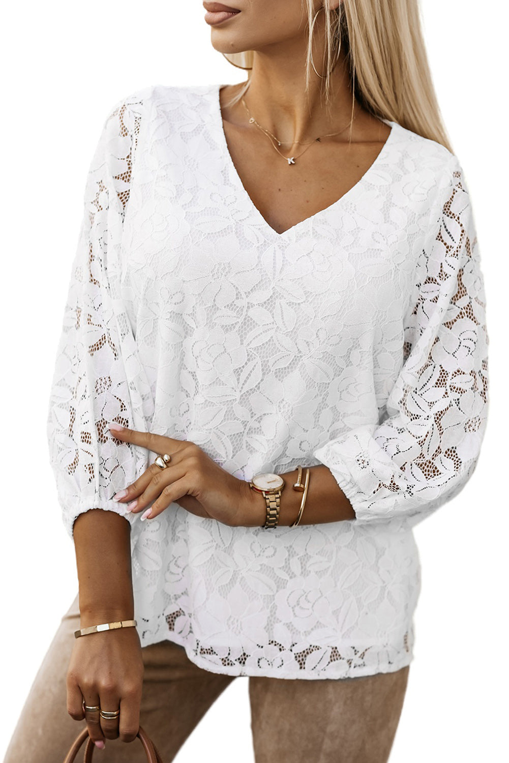 Floral Lace Crochet Loose Fit V Neck Top