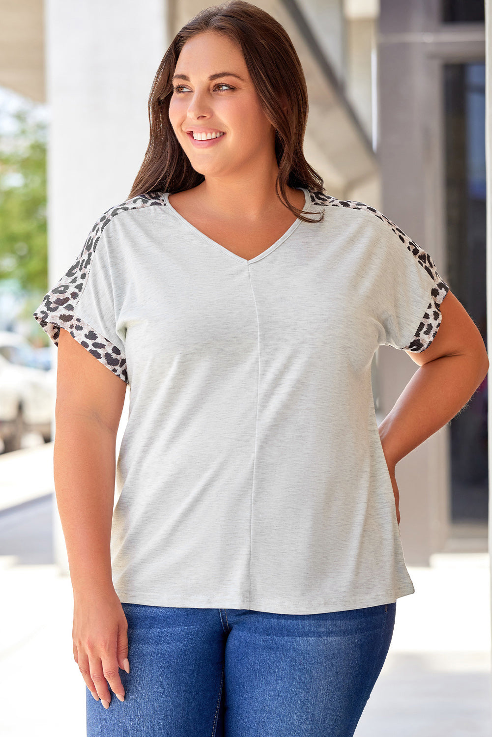 Plus Leopard Splicing V Neck Short Sleeve Top