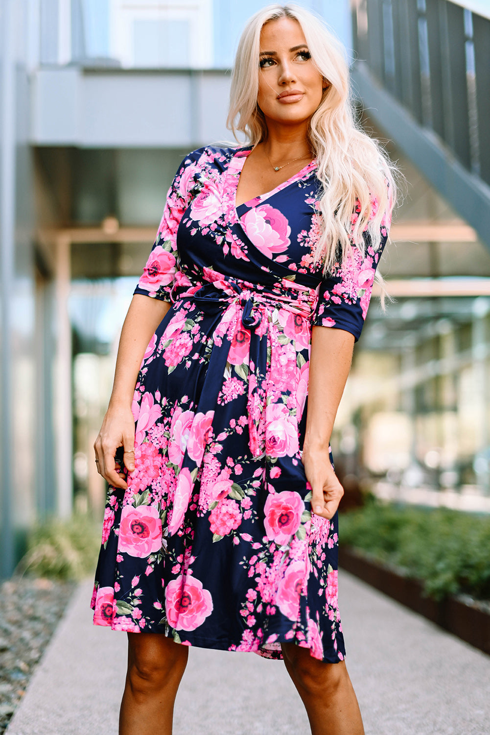 Wrap V Neck Floral Dress with Belt