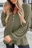 Buttoned V Neck Drop Shoulder Waffle Knit Top