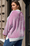 Bright Pink Striped Textured Knit Contrast Edge Loose Sweater