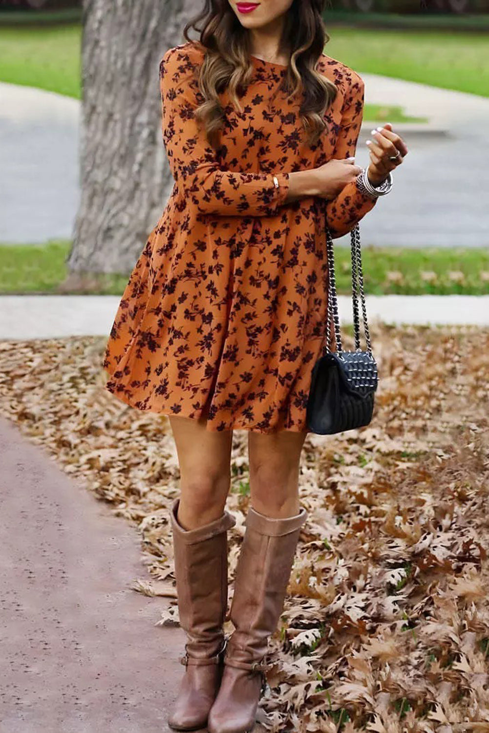 Floral Print O-neck Long Sleeve Mini Dress