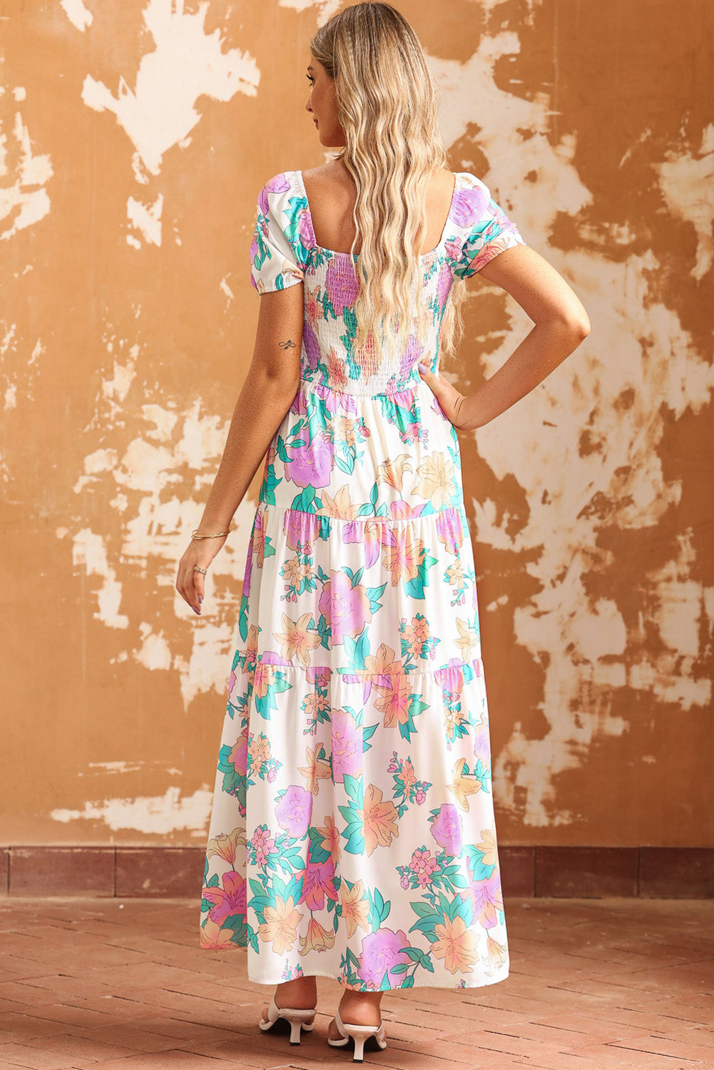 Square Neck Puff Sleeve Tiered Floral Maxi Dress