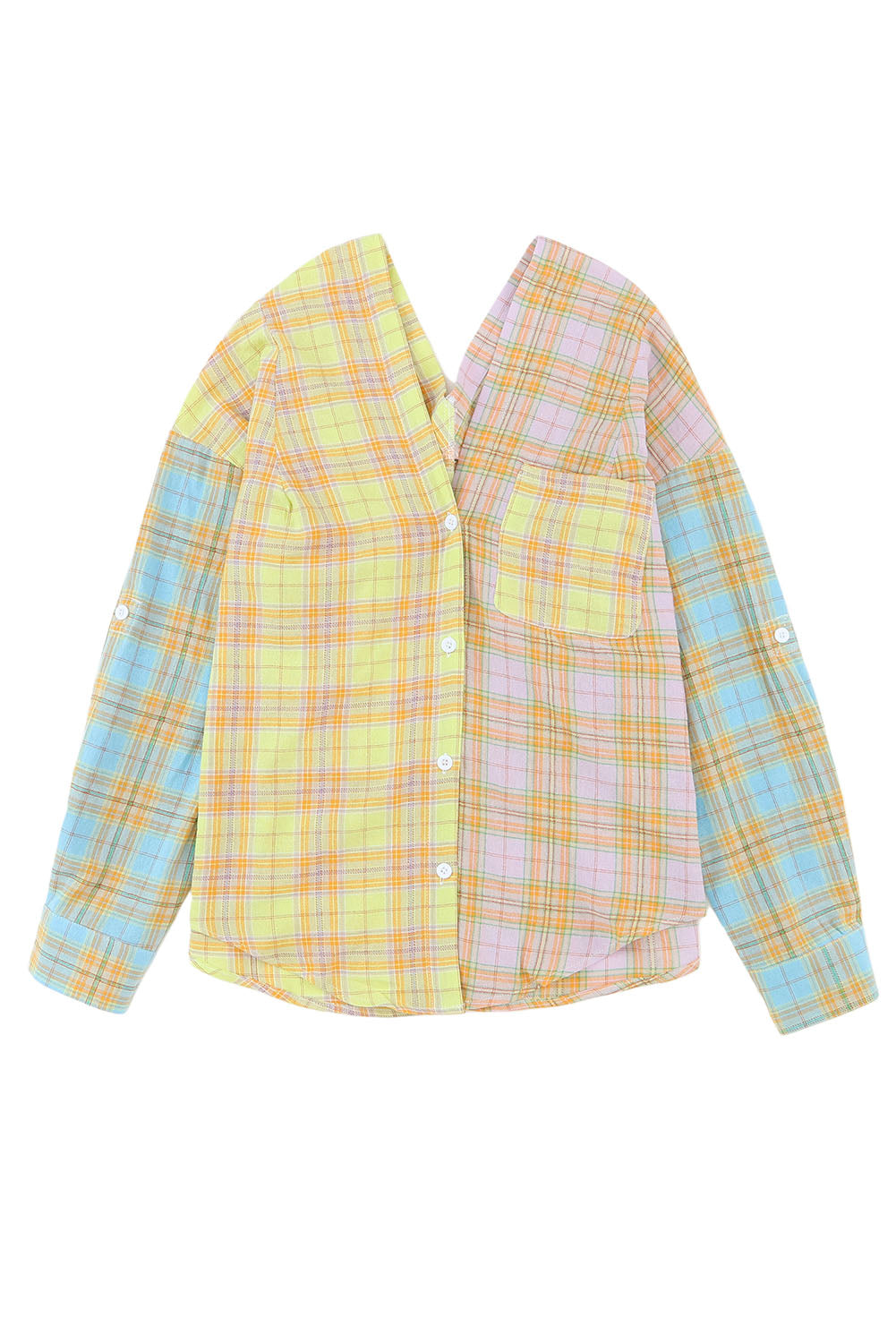 Chemise jaune boutonnée à manches longues et col en V à carreaux mélangés