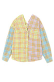 Mixed Plaid Long Sleeve V Neck Buttoned Shirt