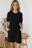 Pocketed Puff Sleeve Empire Waist Swing Short Dress