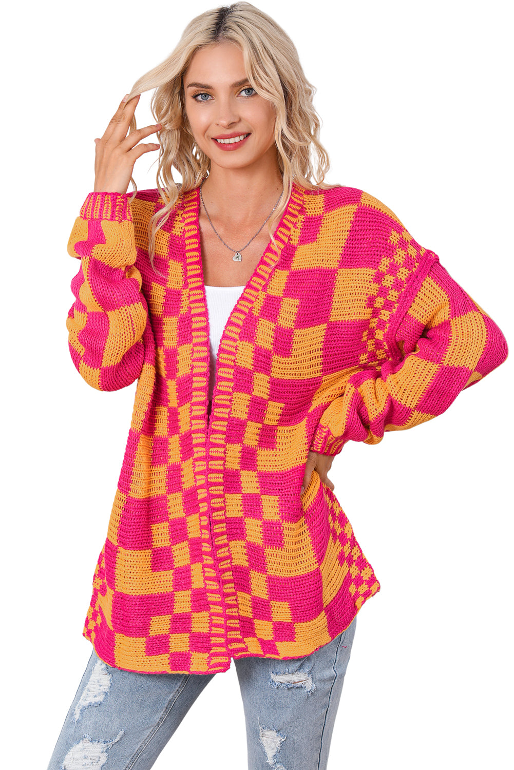 Open Front Mixed Checkered Pattern Knit Cardigan