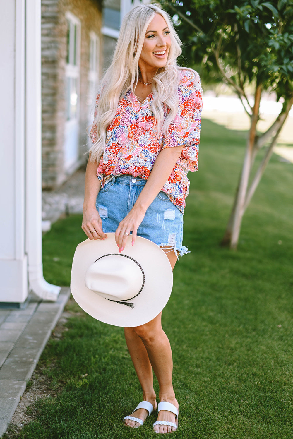 Red Short Sleeve Slim Fit Floral T Shirt