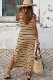 White Stripe Print Open Back Sleeveless Maxi Dress with Slits