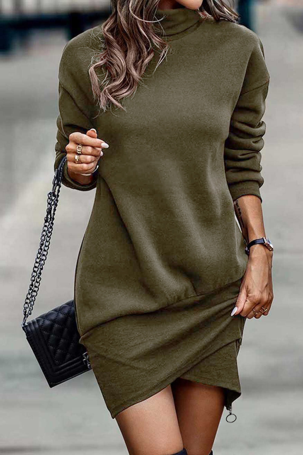 High Neck Long Sleeve Wrapped Dress