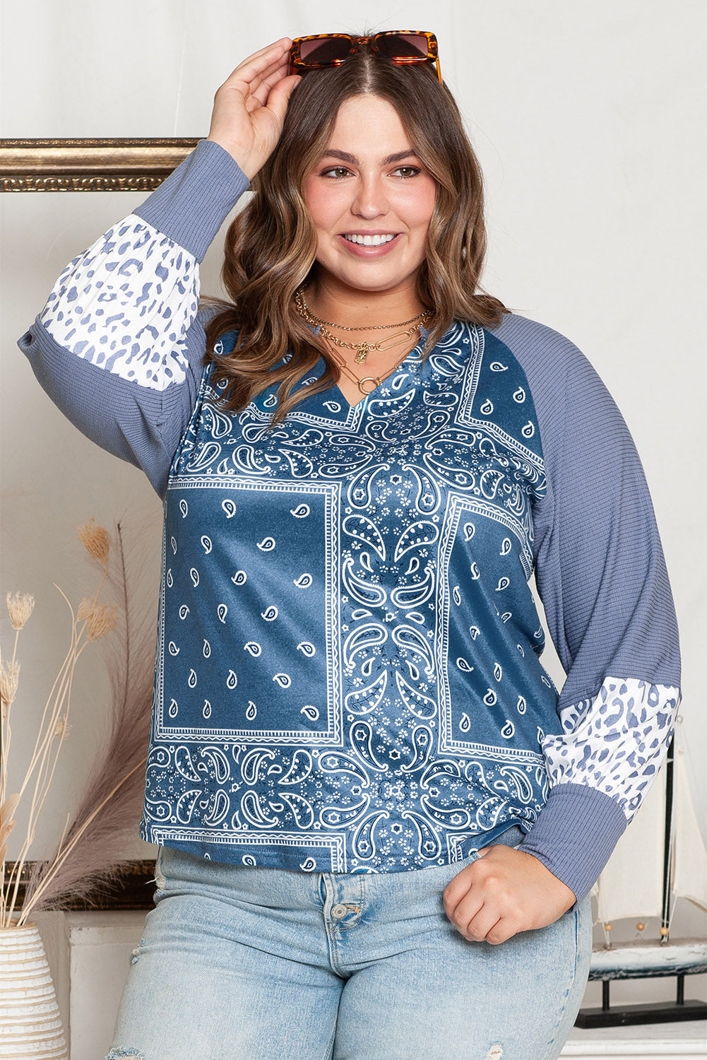 Leopard Paisley Patchwork Split Neck Plus Size Top