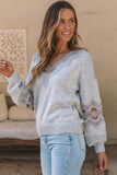 Gray Hollowed Lace Splicing V Neck Loose Sweater