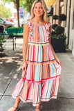 Rainbow Stripe Ruffles Ruched Tiered Dress