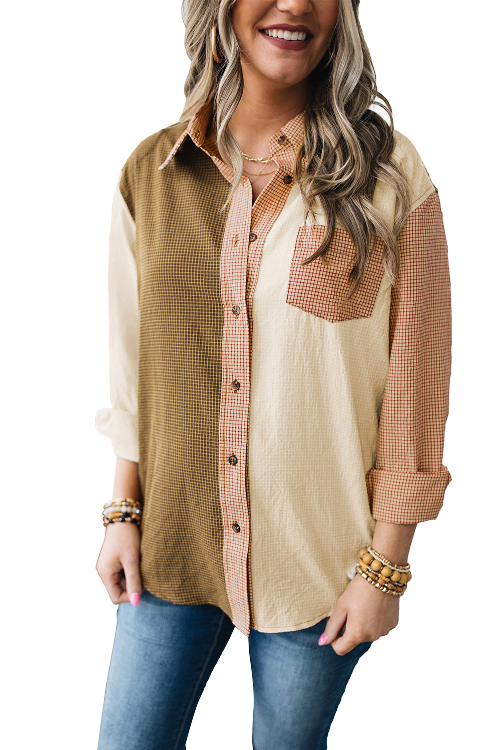 Plaid Color Block Long Sleeve Shirt