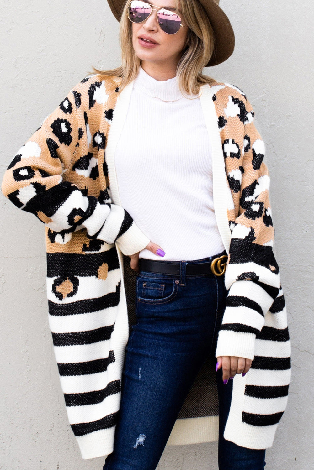 Leopard Striped Mixed Print Open Front Cardigan