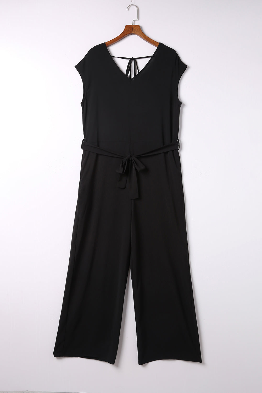 Sleeveless V Neck Belted Wide Leg Jumpsuit