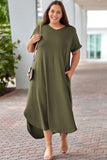 Green Plus Size V Neck Rolled Cuffs Maxi Dress