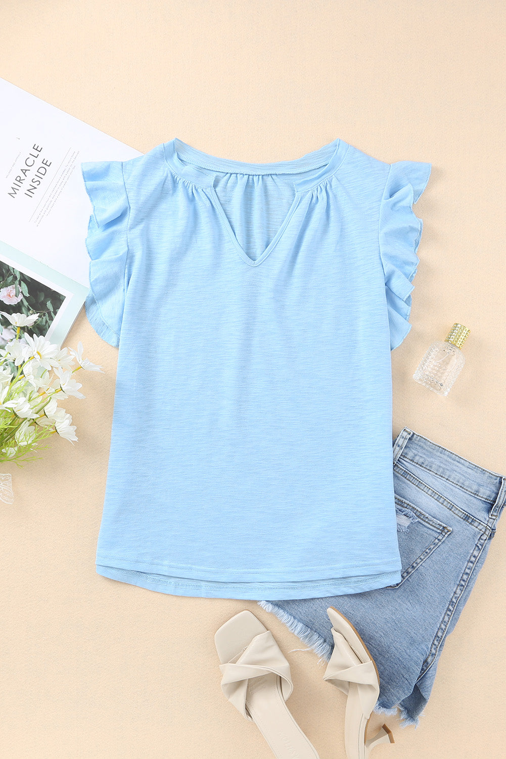 Casual Solid V Neck Butterfly Sleeve Top