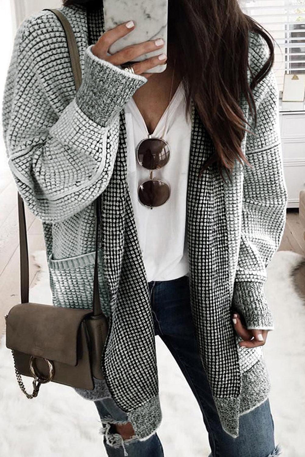 Gray Textured Knit Pocketed Duster Cardigan