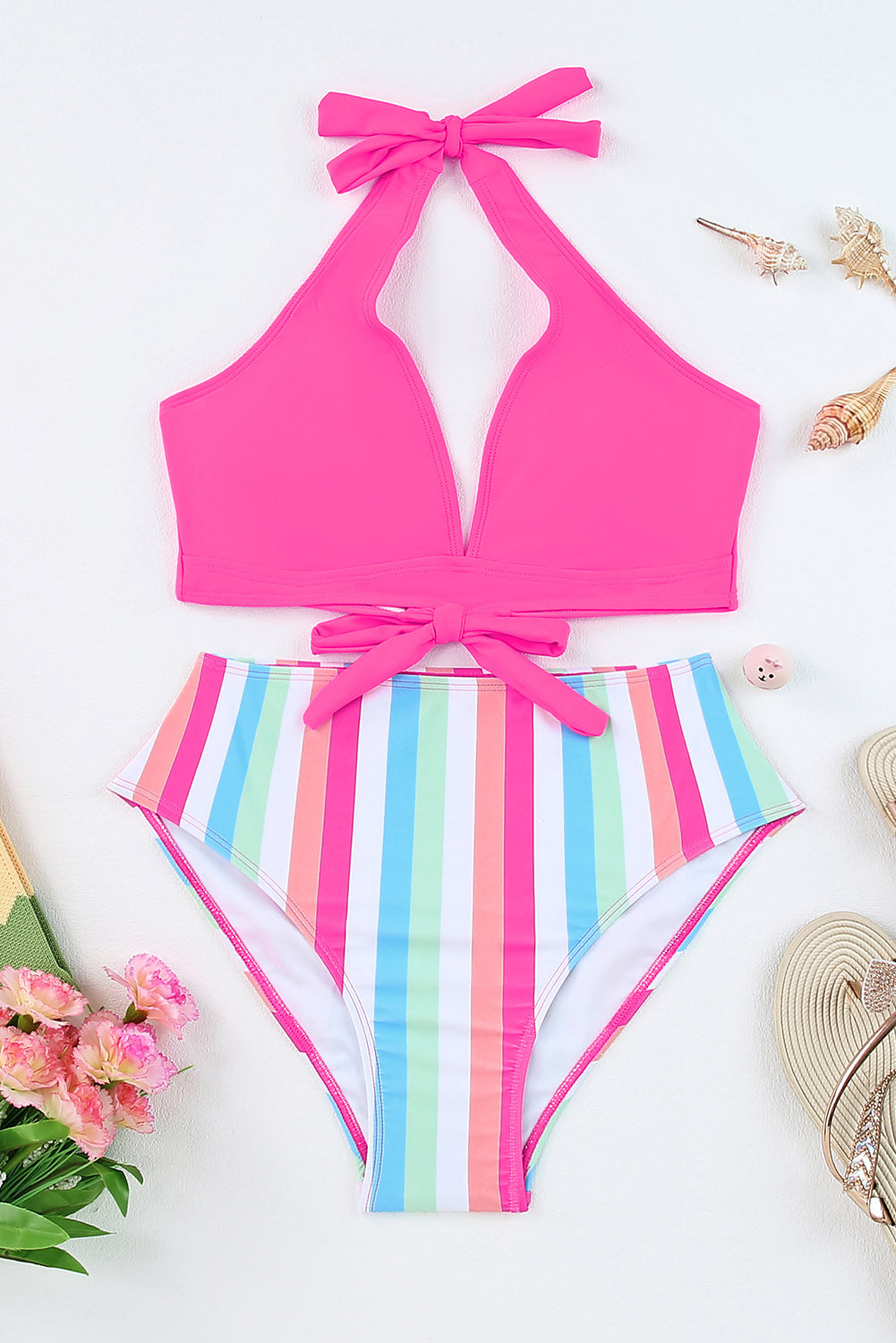 Halter Striped Backless Self-Tie Bikini Swimsuit