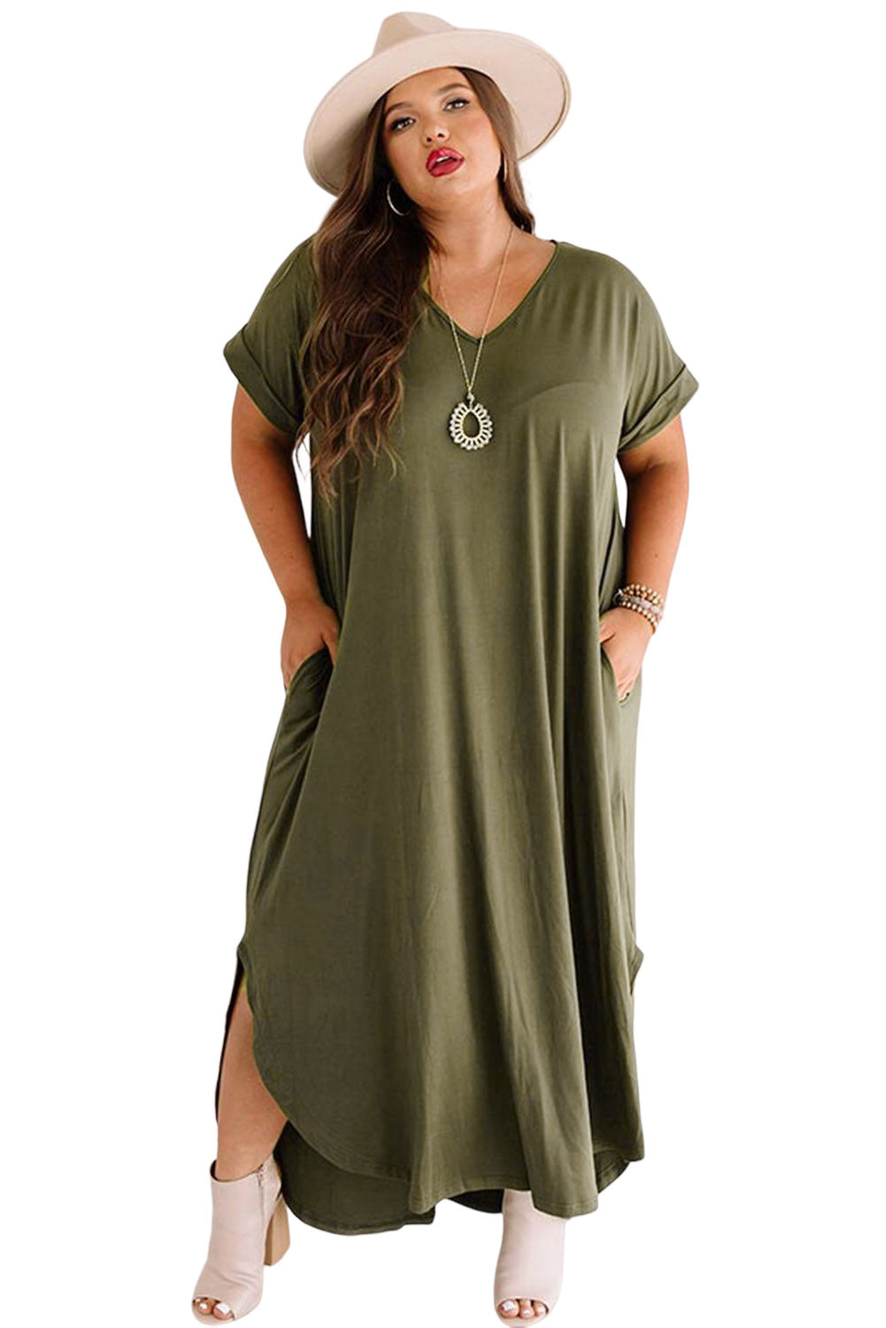 Robe longue verte à col en V et poignets roulés de grande taille