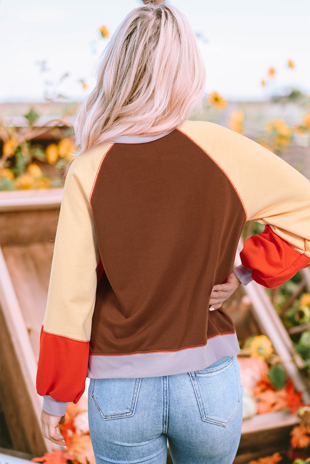 Orange Color Block Side Slits Raglan Sleeve Loose Fit Top