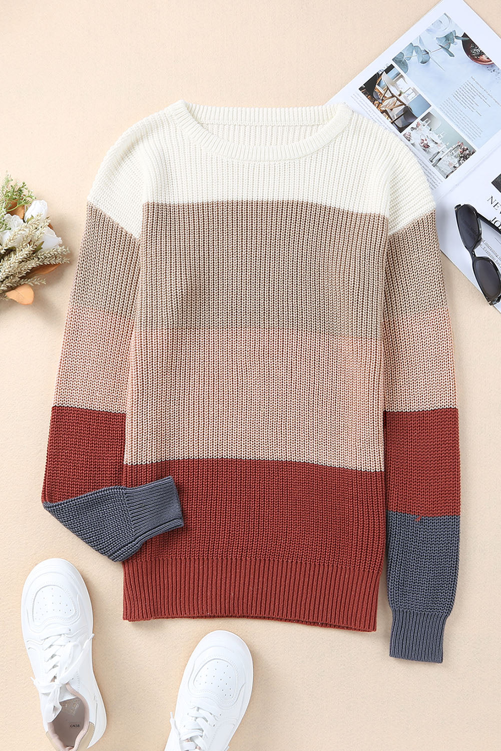 Color Block Knitted O-neck Pullover Sweater