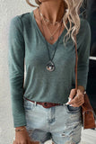 Mist Green Solid Color Long Sleeve V Neck Top