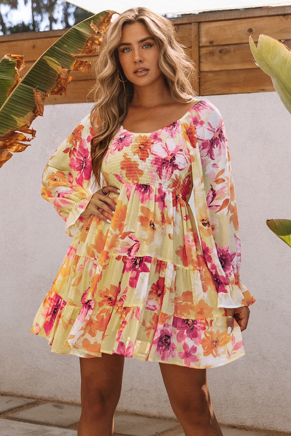 Square Neck Puffy Sleeve Tiered Floral Dress