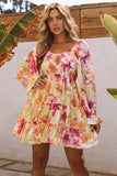 Square Neck Puffy Sleeve Tiered Floral Dress