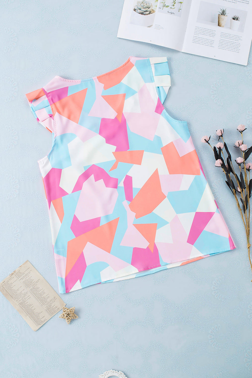 Pastel Geometric Print V-Neck Pleated Cap Sleeve Top