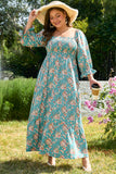 Green Plus Size Floral Print Square Neck Smocked Maxi Dress