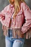 Veste en jean courte rose effet vieilli à franges