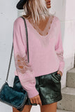 Hollowed Lace Splicing V Neck Loose Sweater