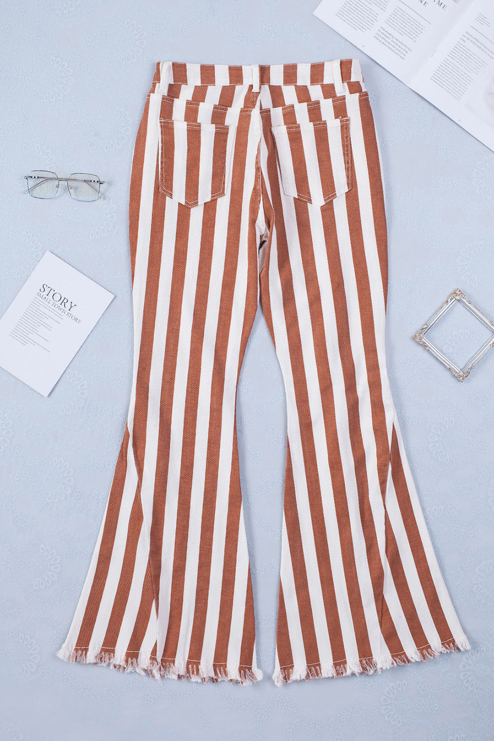 Striped Fringe Bell Bottom Denim Pants