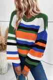 Multicolor Striped Knit Drop Shoulder Puff Sleeve Sweater