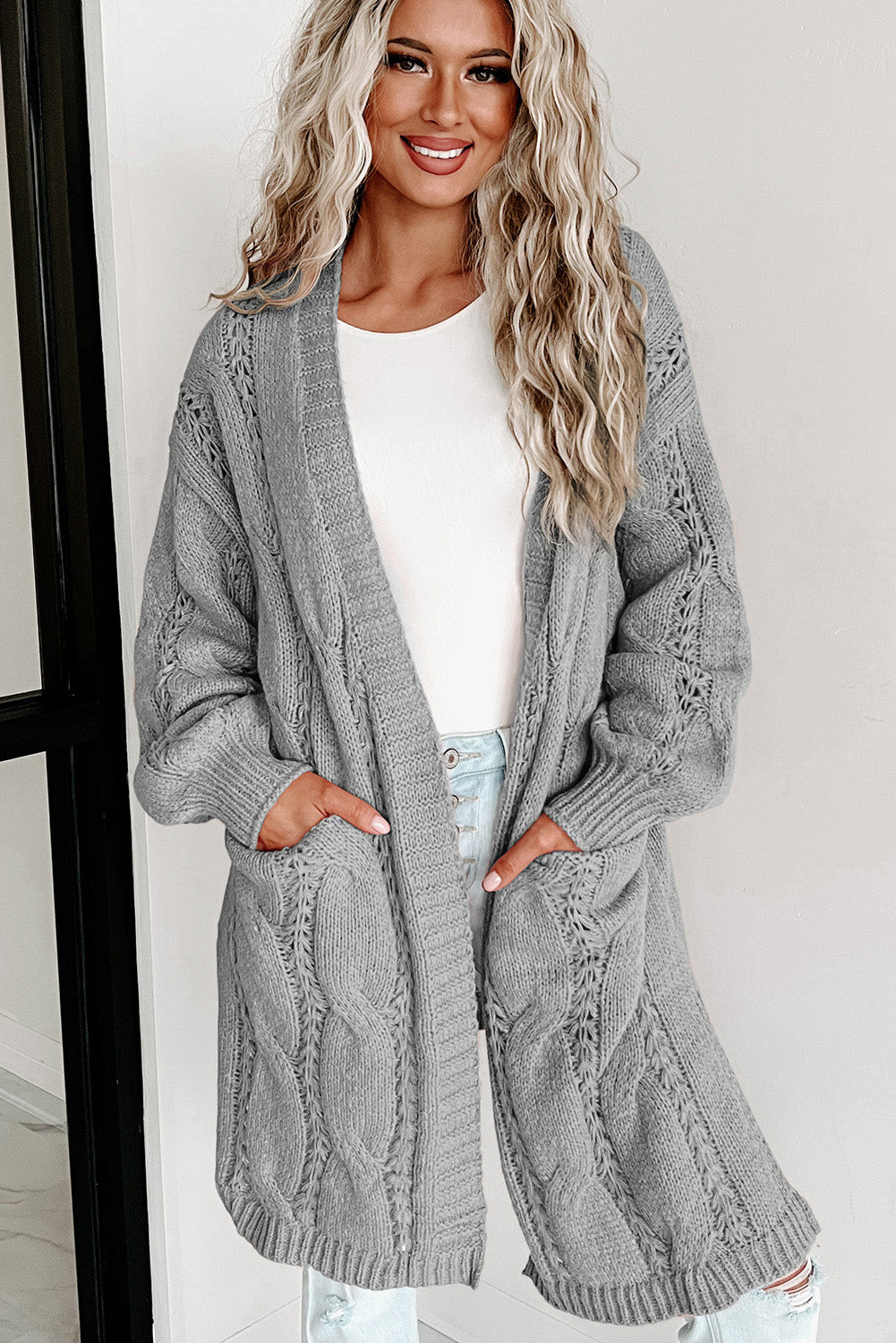 Black Ribbed Trim Eyelet Cable Knit Cardigan