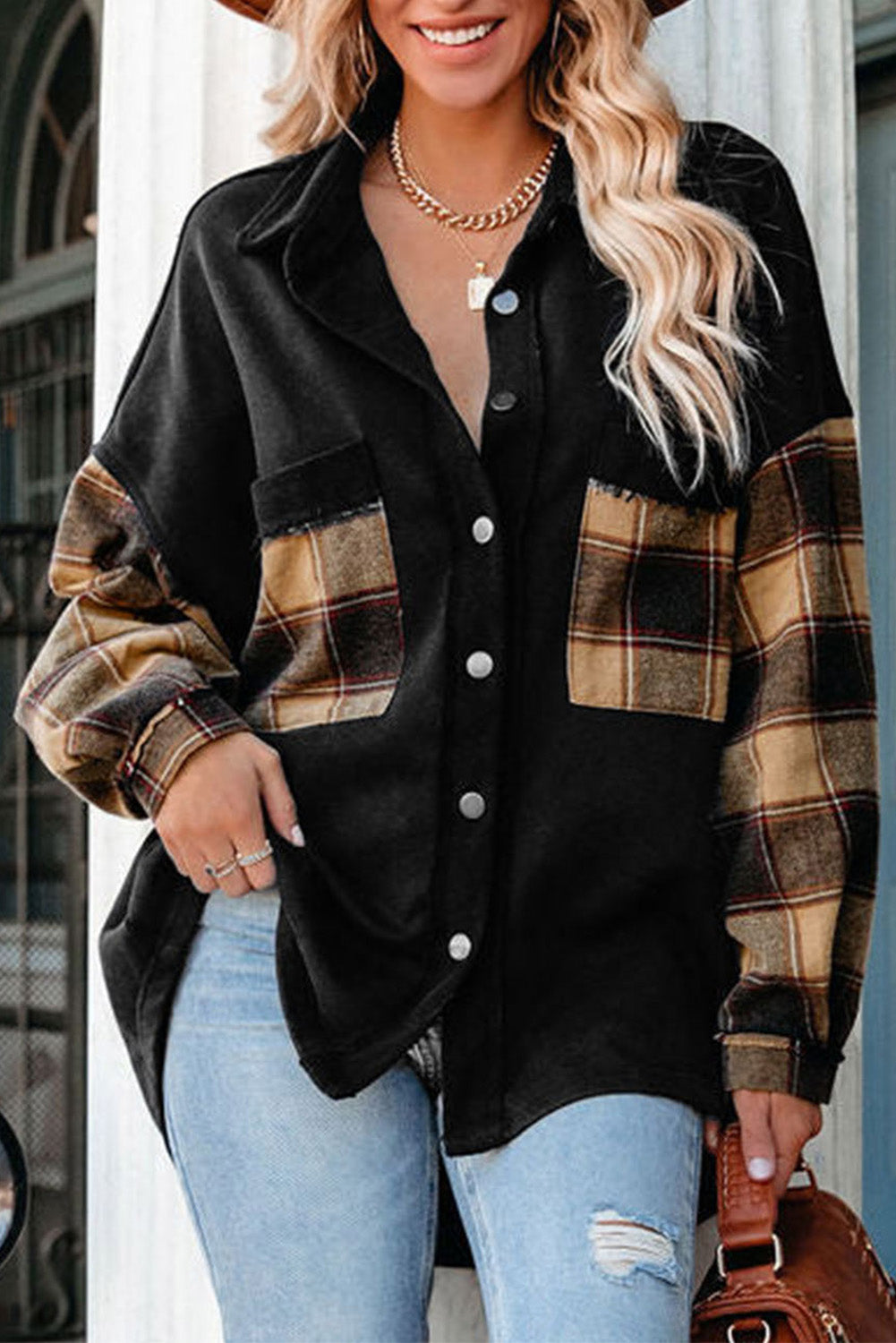 Plaid Patchwork Chest Pockets Oversized Shirt Jacket