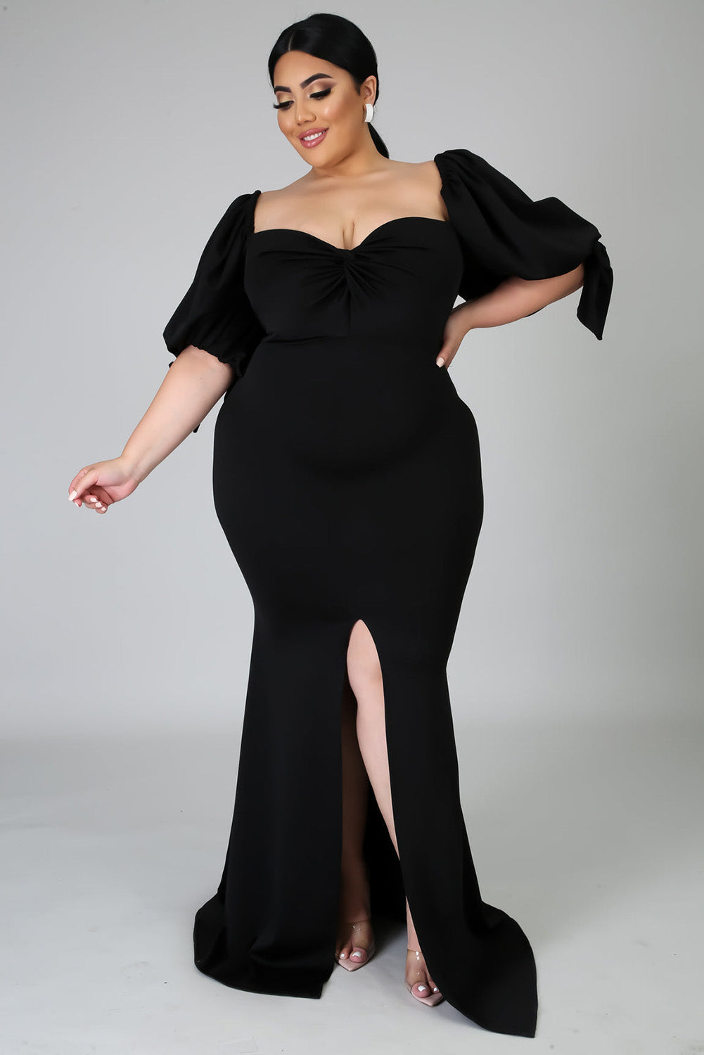 Robe longue noire avec nœud papillon et manches bouffantes, grande taille, fente haute