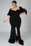 Bow Tie Puff Sleeve Plus Size High Slit Maxi Dress