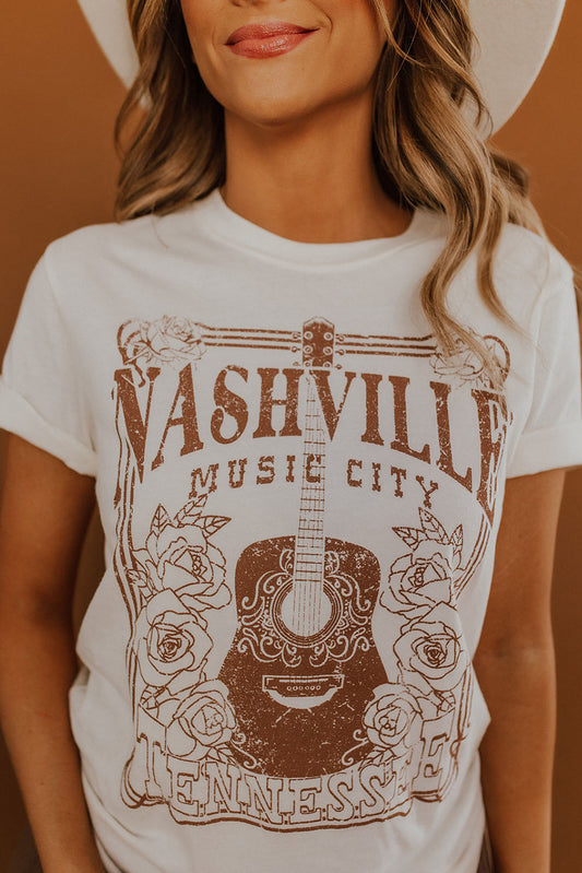 White NASHVILLE MUSIC CITY Graphic Crew Neck Tee