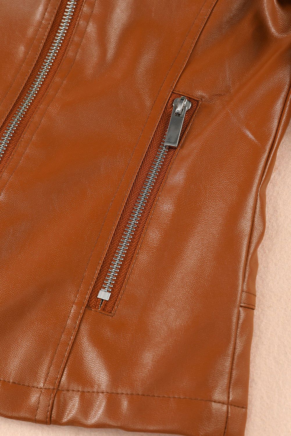 Ribbed Seam Detail Faux Leather Zipped Motorcycle Jacket