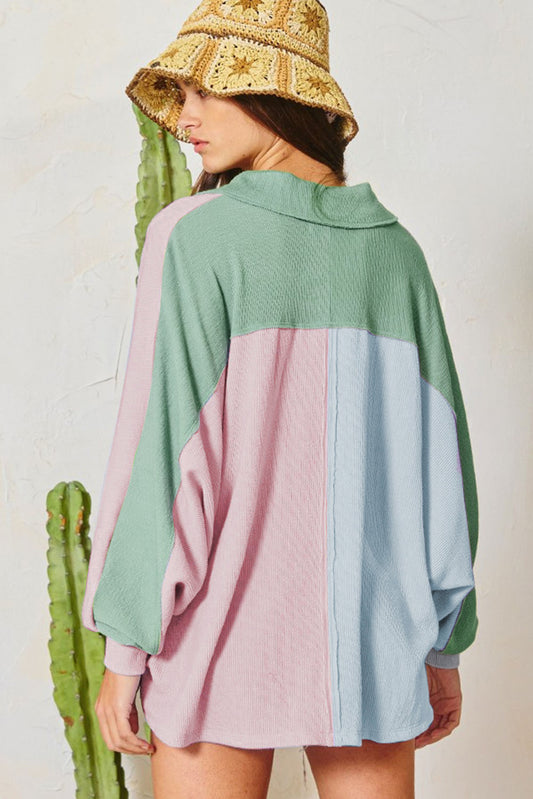 Exposed Seam Colorblock Ribbed Oversized Henley Top