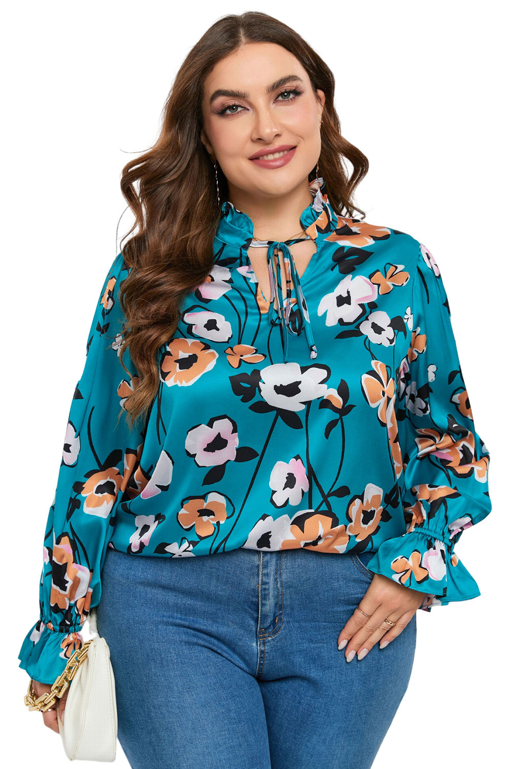 Floral Print V Neck Plus Size Blouse