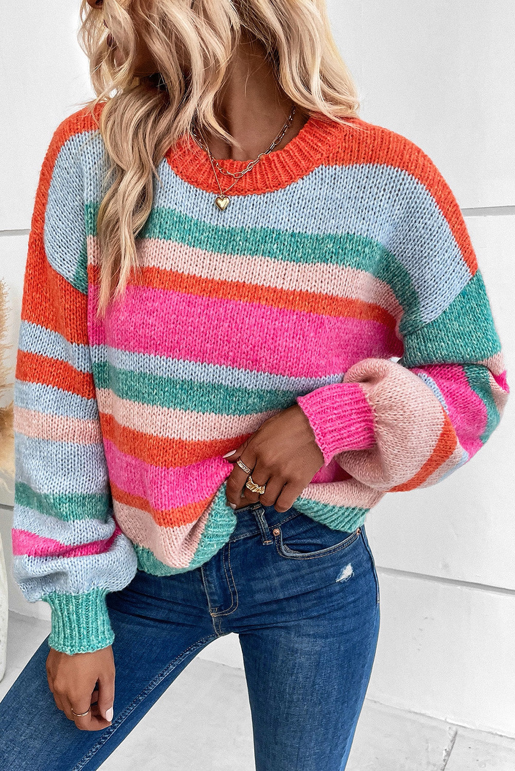 Multicolor Striped Knit Drop Shoulder Puff Sleeve Sweater