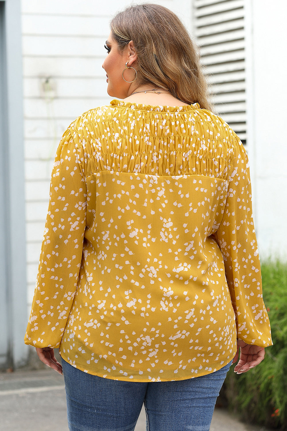 Yellow Split Neck Fall Printed Crinkled Blouse