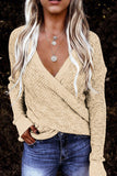 Khaki Wrap V Neck Waffle Sweater