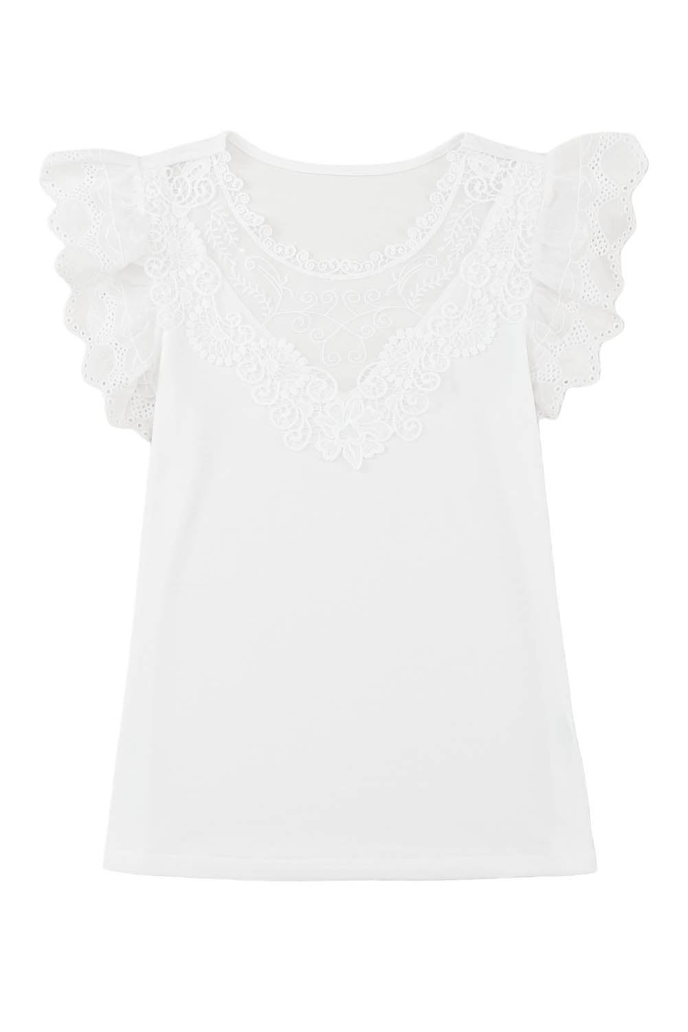 Lace Splice Ruffle Eyelet Flutter Sleeve Top